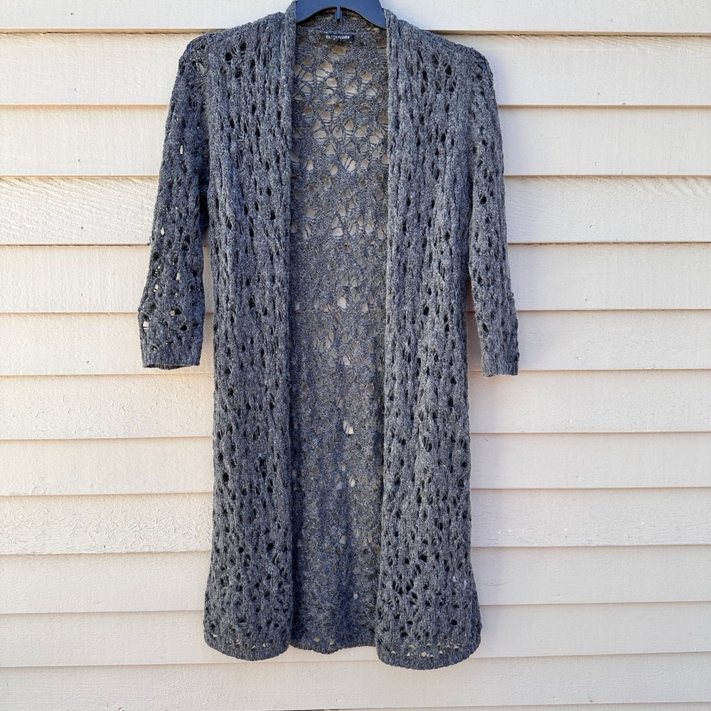Eileen Fisher Gray Mohair Wool Open Knit Duster Cardigan Sweater Womens Small
